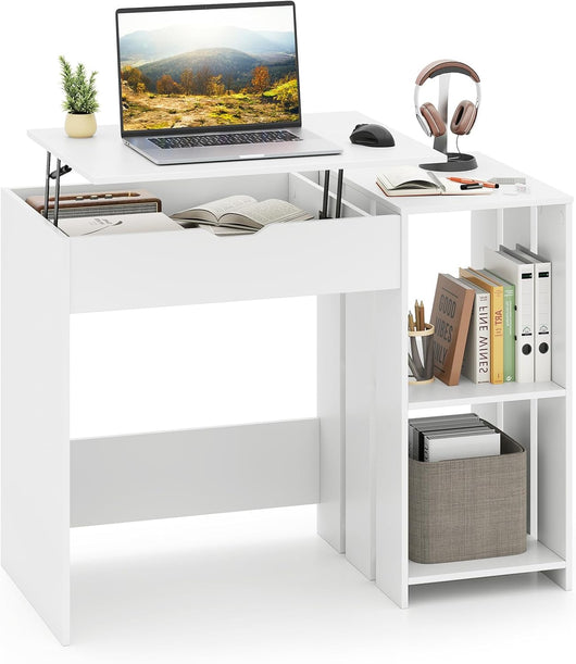 Scrivania per computer in legno con piano sollevabile, tavolo da lavoro con 2 ripiani aperti e 1 scomparto nascosto, 100 x 49 x 75 cm, scrivania moderna per ufficio, studio (bianco)