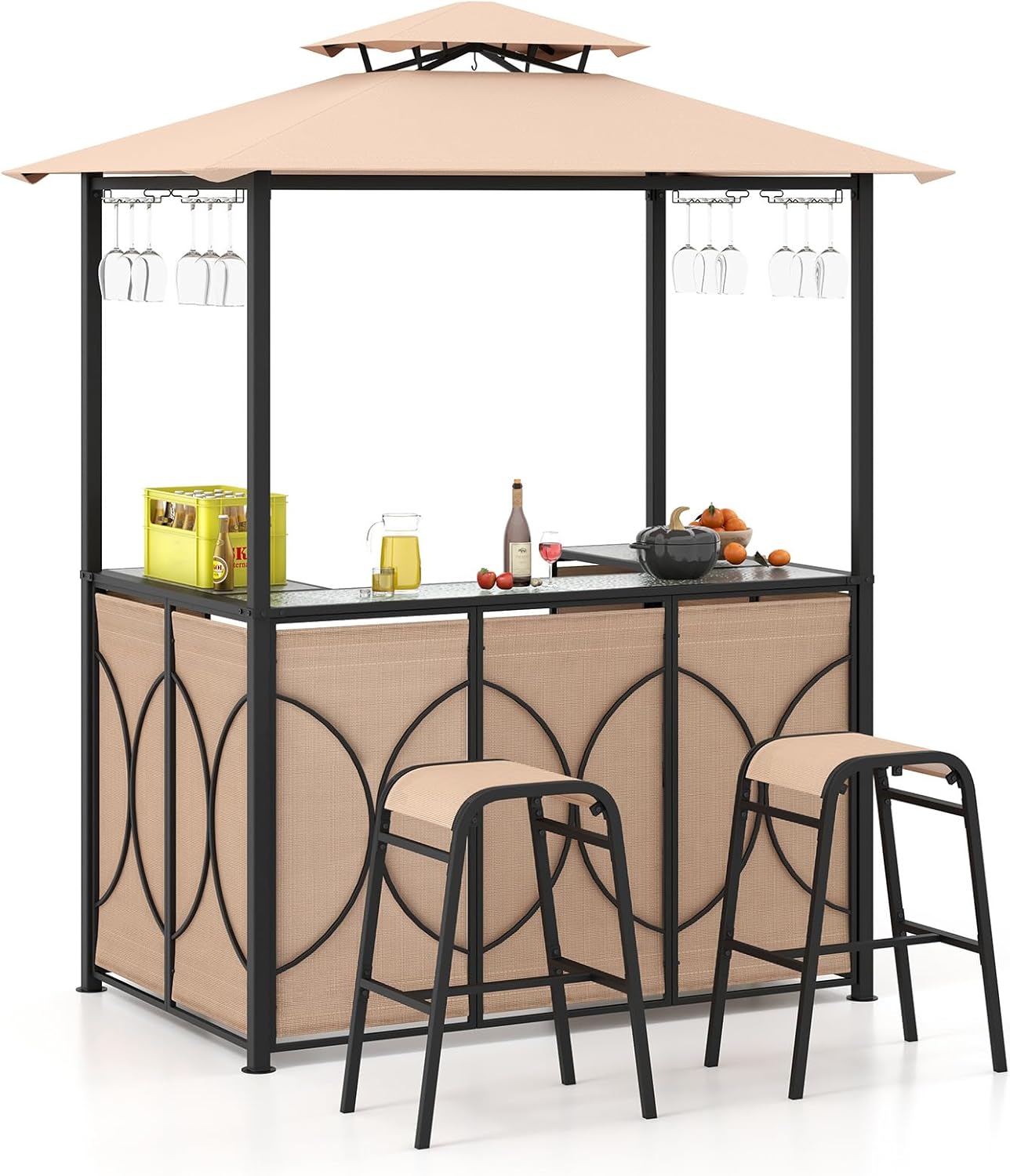 Set Bar da Patio a 3 Pezzi, Gazebo per Griglia e 2 Sgabelli da Bar con Tavolo in Vetro Temperato, Ripiani in Metallo, Portabicchieri, per Giardino Cortile e Spiaggia (Marrone)