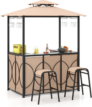 Set Bar da Patio a 3 Pezzi, Gazebo per Griglia e 2 Sgabelli da Bar con Tavolo in Vetro Temperato, Ripiani in Metallo, Portabicchieri, per Giardino Cortile e Spiaggia (Marrone)