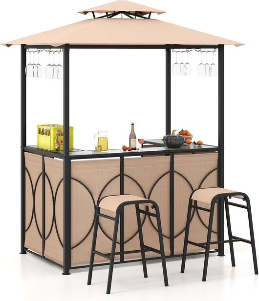Set Bar da Patio a 3 Pezzi, Gazebo per Griglia e 2 Sgabelli da Bar con Tavolo in Vetro Temperato, Ripiani in Metallo, Portabicchieri, per Giardino Cortile e Spiaggia (Marrone)