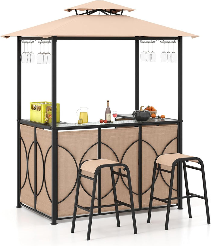 Set Bar da Patio a 3 Pezzi, Gazebo per Griglia e 2 Sgabelli da Bar con Tavolo in Vetro Temperato, Ripiani in Metallo, Portabicchieri, per Giardino Cortile e Spiaggia (Marrone)