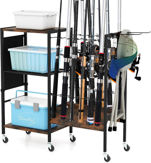 Supporto per Canne da Pesca, Carrello per Attrezzatura da Pesca con Ruote Universali Bloccabili, Capacit¨¤ Fino a 12 Canne o Combinazioni, 84 x 30 x 82 cm