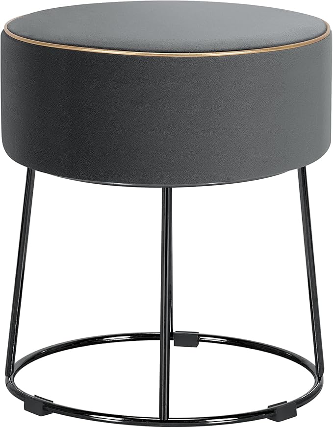 Pouf Rotondo Poggiapiedi 41cm, Sgabello Moderno da Trucco con Base in Metallo, Sedile Imbottito Spesso e Piedini Antiscivolo per Toeletta, Comodino e Divano (Grigio)