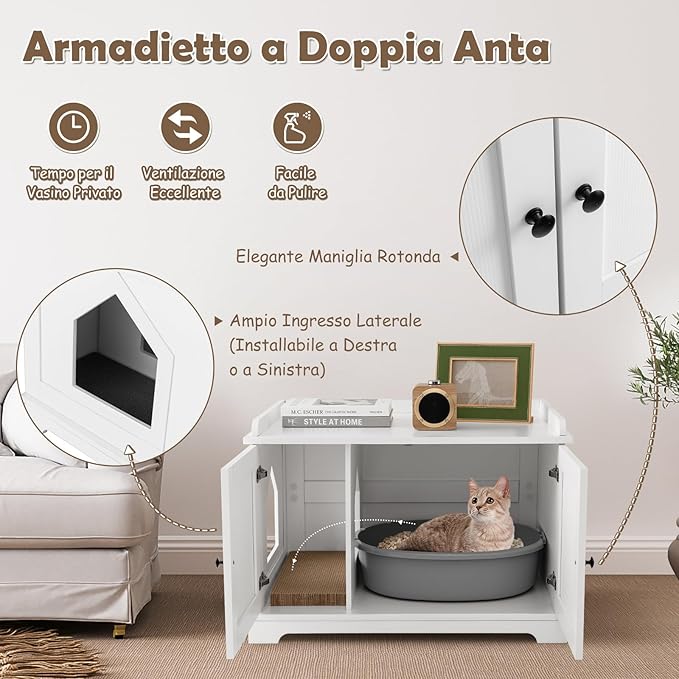 Mobile per Lettiera per Gatti, Casetta per Gatti con Tiragraffi, Divisorio Regolabile, Ante e Ingresso Laterale, Mobiletto Versatile e Moderno per Salotto, 75 x 51 x 53 cm, Bianco