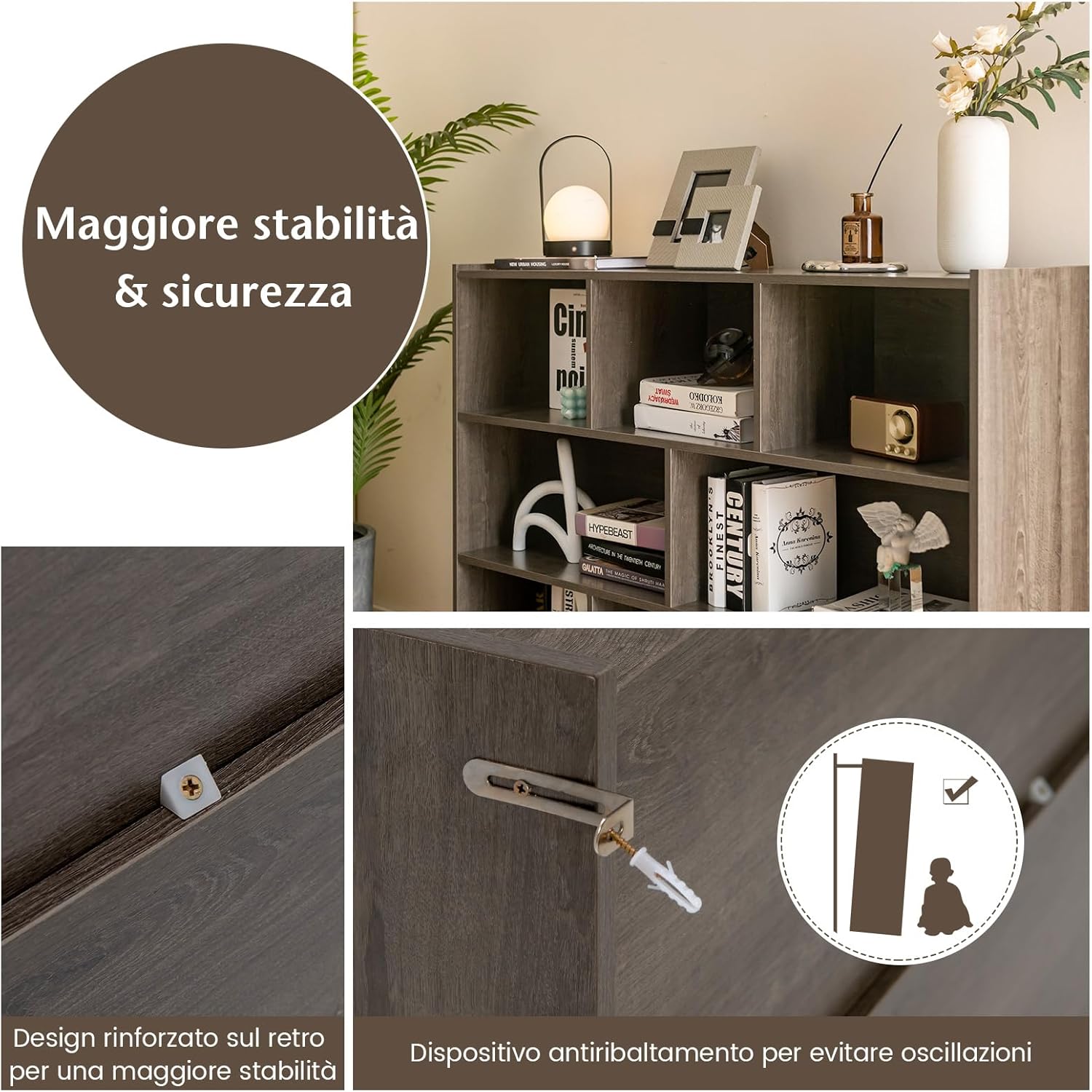 Scaffale Multiuso a 3 Livelli, Mobiletto Espositore Moderno a 8 Cubi, Libreria di Legno per Bambini, Organizer Giocattoli per Camera da Letto, Soggiorno, Studio (Grigio)