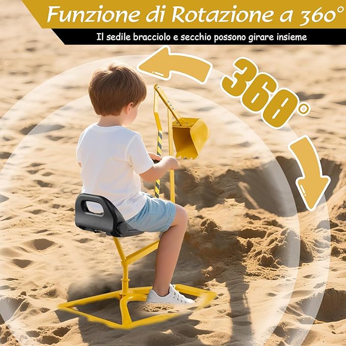 Escavatore Giocattolo per Bambini, Ruspa Cavalcabile con Controlli a 2 Mani e Pala Flessibile, Sedile Girevole a 360°, Ruspa Giocattolo per Esterni, 3 Anni+ (con Base Giallo)