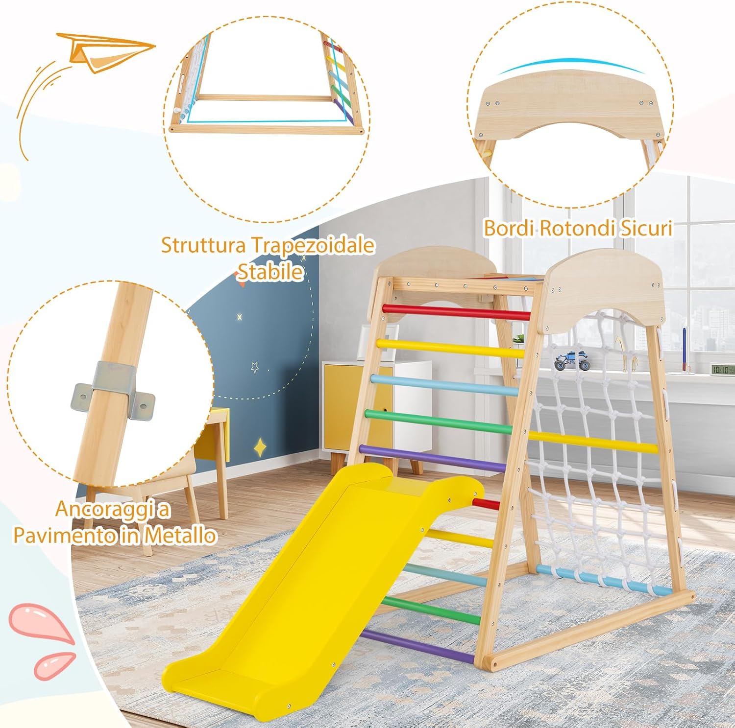 Set Arrampicata 4 in 1, Parco Giochi Interno in Legno con Sbarre Rete da Arrampicata e Scala da Arrampicata, per Bambini 1 Anno+ (colorato)