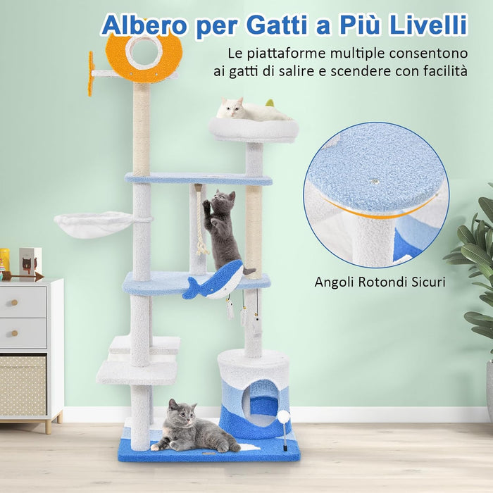 Tiragraffi per Gatti a Tema Oceanico, Torre per Gatti con Pali Tiragraffi Rivestiti di Sisal, Nicchia, Posatoio, Amaca, Piattaforme, Giocattoli Oscillanti, Palla Molla e Corda di Sisal