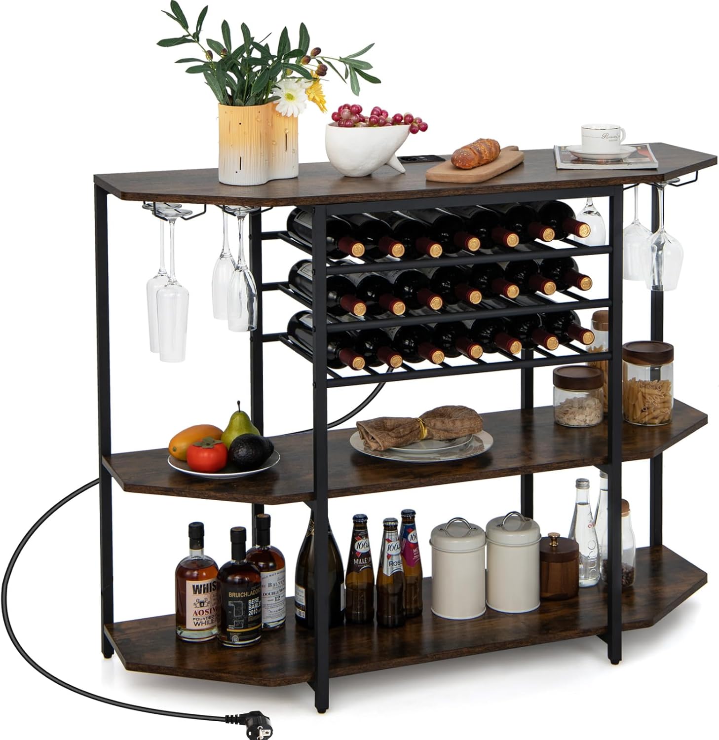 Mobiletto Portabottiglie da Vino a 3 Livelli, con Ripiani di Stoccaggio, Porta Bicchieri, Porta Bottiglie, Prolunghe Elettriche, per Soggiorno Cucina, Bar, 120 x 40 x 92 cm (Marrone)