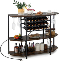 Mobiletto Portabottiglie da Vino a 3 Livelli, con Ripiani di Stoccaggio, Porta Bicchieri, Porta Bottiglie, Prolunghe Elettriche, per Soggiorno Cucina, Bar, 120 x 40 x 92 cm (Marrone)