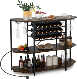Mobiletto Portabottiglie da Vino a 3 Livelli, con Ripiani di Stoccaggio, Porta Bicchieri, Porta Bottiglie, Prolunghe Elettriche, per Soggiorno Cucina, Bar, 120 x 40 x 92 cm (Marrone)