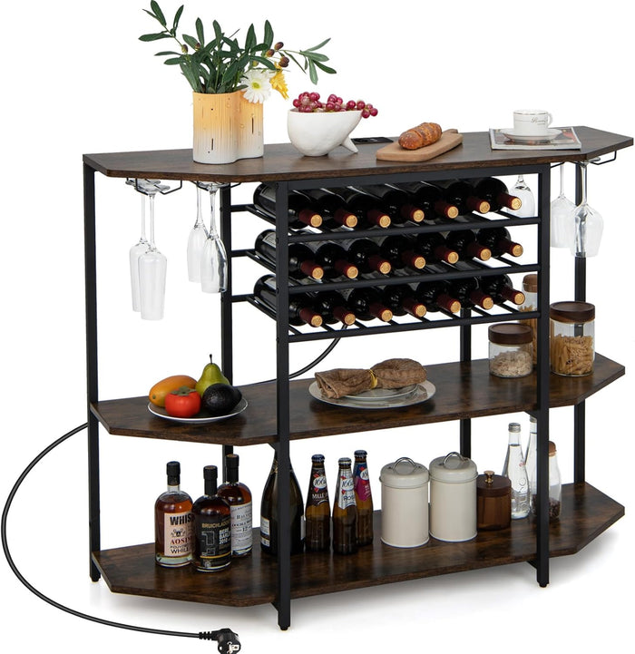 Mobiletto Portabottiglie da Vino a 3 Livelli, con Ripiani di Stoccaggio, Porta Bicchieri, Porta Bottiglie, Prolunghe Elettriche, per Soggiorno Cucina, Bar, 120 x 40 x 92 cm (Marrone)