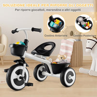 Triciclo per Bambini, Trike con Sede Regolabile Cestini Anteriori e Posteriori, Bicicletta a 3 Ruote con Telaio in Ferro Carbonioso di Alta Resistenza, per Bambini 1,5-5 Anni (Bianco)