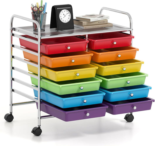 Carrello di Stoccaggio con 12 Cassetti, Carrello portaoggetti con 4 Ruote, Carrello Multiuso per Scuola Ufficio Cucina, 64 x 38 x 62 cm (12 cassetti Colorato)
