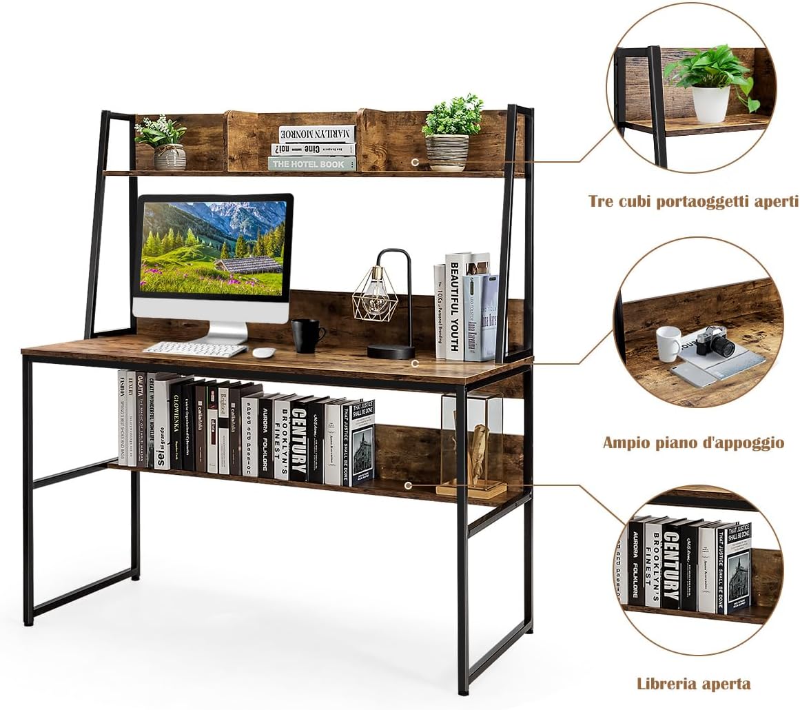 Scrivania con Libreria e Ripiano, Scrivania Salvaspazio per PC Portatile con 3 Scomparti e Ripiano Aperto, Scrivania per Ufficio e Casa, 120 x 57 x 140 cm (Marrone)