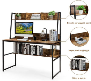 Scrivania con Libreria e Ripiano, Scrivania Salvaspazio per PC Portatile con 3 Scomparti e Ripiano Aperto, Scrivania per Ufficio e Casa, 120 x 57 x 140 cm (Marrone)