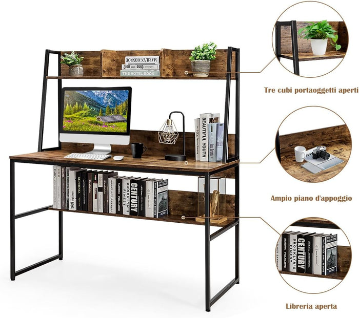 Scrivania con Libreria e Ripiano, Scrivania Salvaspazio per PC Portatile con 3 Scomparti e Ripiano Aperto, Scrivania per Ufficio e Casa, 120 x 57 x 140 cm (Marrone)