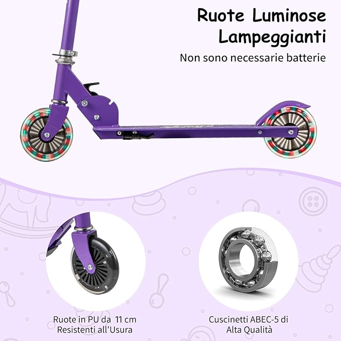 Monopattino per Bambini Pieghevole e Portatile, Monopattino a 2 Ruote con Manubrio Regolabile, Ruote Luminose a LED, Freno Posteriore e Tracolla, Ideale per Bambini e Bambine 3+