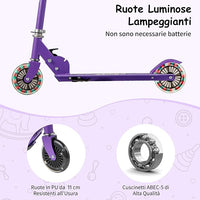 Monopattino per Bambini Pieghevole e Portatile, Monopattino a 2 Ruote con Manubrio Regolabile, Ruote Luminose a LED, Freno Posteriore e Tracolla, Ideale per Bambini e Bambine 3+