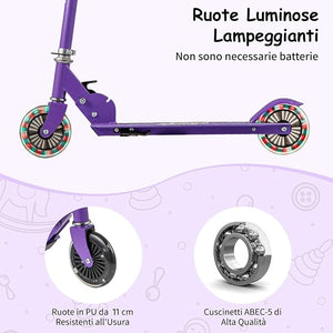 Monopattino per Bambini Pieghevole e Portatile, Monopattino a 2 Ruote con Manubrio Regolabile, Ruote Luminose a LED, Freno Posteriore e Tracolla, Ideale per Bambini e Bambine 3+