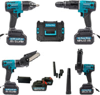 Kit Completo Professionale Fai da Te, 5 in 1 con Teste Intercambiabili, Trapano, Avvitatore, Mini Motosega, Soffiatore con 2 Batterie 48V