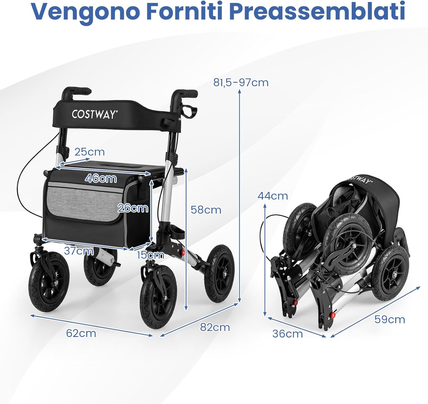 Deambulatore Pieghevole per Anziani in Alluminio, Rollator Regolabile in Altezza con Seduta, Schienale e Freni, Girello per Anziani con Borsetta, Carico Massimo 140 kg (Argento)