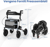 Deambulatore Pieghevole per Anziani in Alluminio, Rollator Regolabile in Altezza con Seduta, Schienale e Freni, Girello per Anziani con Borsetta, Carico Massimo 140 kg (Argento)