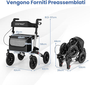 Deambulatore Pieghevole per Anziani in Alluminio, Rollator Regolabile in Altezza con Seduta, Schienale e Freni, Girello per Anziani con Borsetta, Carico Massimo 140 kg (Argento)