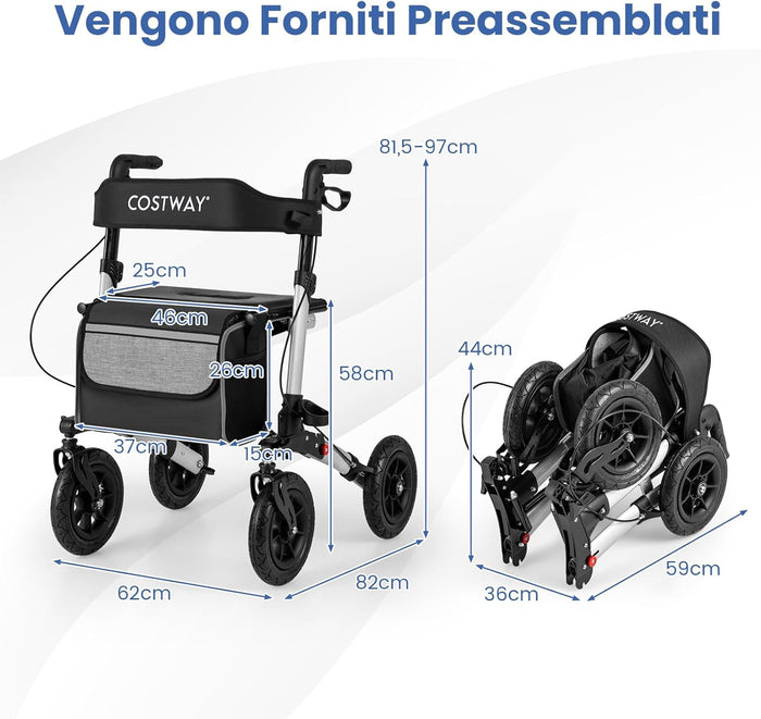 Deambulatore Pieghevole per Anziani in Alluminio, Rollator Regolabile in Altezza con Seduta, Schienale e Freni, Girello per Anziani con Borsetta, Carico Massimo 140 kg (Argento)