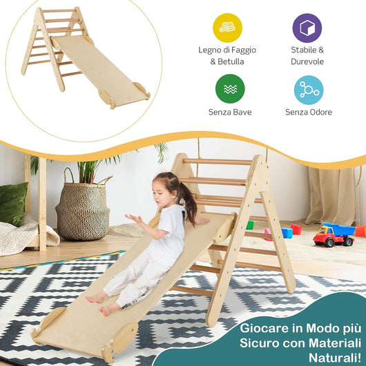 3 in 1 Arrampicata Giocattolo a Triangolo per Bambini, Set di Arrampicata con Rampa di Scivolo a 2 Lati e Inclinazione Regolabile, Arrampicatore per Bambini 1 Anno+ (Naturale)