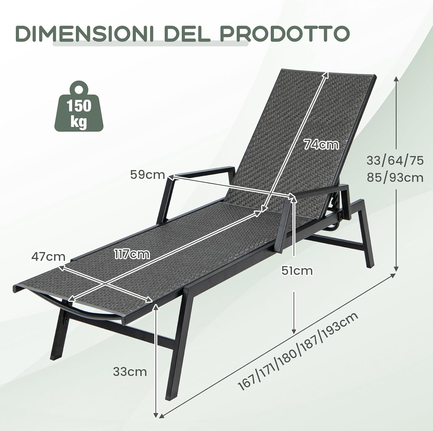 Lettino Prendisole in Rattan per Esterni, Sedia a Sdraio con Braccioli e Schienale Regolabile a 5 Posizioni, Telaio Metallico Robusto, Portico, Cortile, Giardino, Portata 150 kg