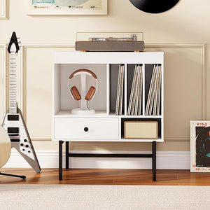 Armadio Camera da Letto 70 x 36 x 80 cm, Credenza Salvaspazia in Legno con Scomparti Aperti, Supporti per Album e Cassetto, Mobile Moderno per Sala Musica e Soggiorno (Bianco)