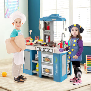 Cucina Giocattolo con Set di Accessori Cibo e Utensili, Cucina per Bambini con Suoni e Luci, Lavandino, Rubinetto, Scaffali, Forni e Fornelli, per Bambini 3+ Anni (Blu)