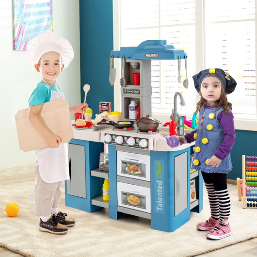 Cucina Giocattolo con Set di Accessori Cibo e Utensili, Cucina per Bambini con Suoni e Luci, Lavandino, Rubinetto, Scaffali, Forni e Fornelli, per Bambini 3+ Anni (Blu)