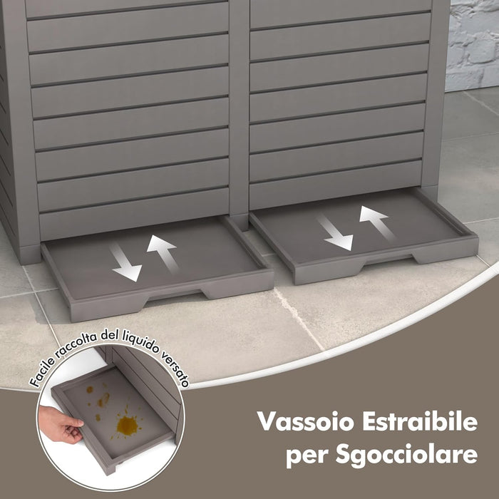 Pattumiera per Rifiuti Esterno e Interno 235 L, Contenitore per Raccolta Differenziata a Doppio Secchio Impermeabile con Coperchio, Vassoio e Maniglia, Bidone per Terrazza e Cucina (Marrone)