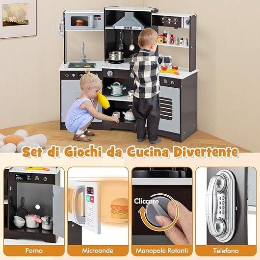 Cucina Giocattolo per Bambini, Cucina Legno per Bambini Con Forno, Microonde, Macchina del Ghiaccio, Macchina per Caffè, Lavello e Rubinetto, Con Suoni e Luci, per Bambini 3+ Anni (Marrone)