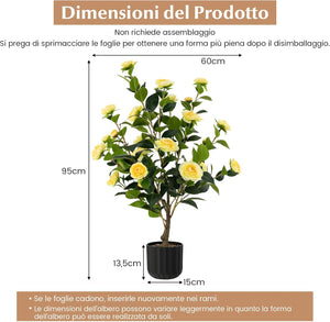 Albero di Camelia Artificiale da 95 cm, Pianta Artificiale con Fiori Finti in Vaso di Cemento, Decorazione per Casa e Ufficio (Giallo)