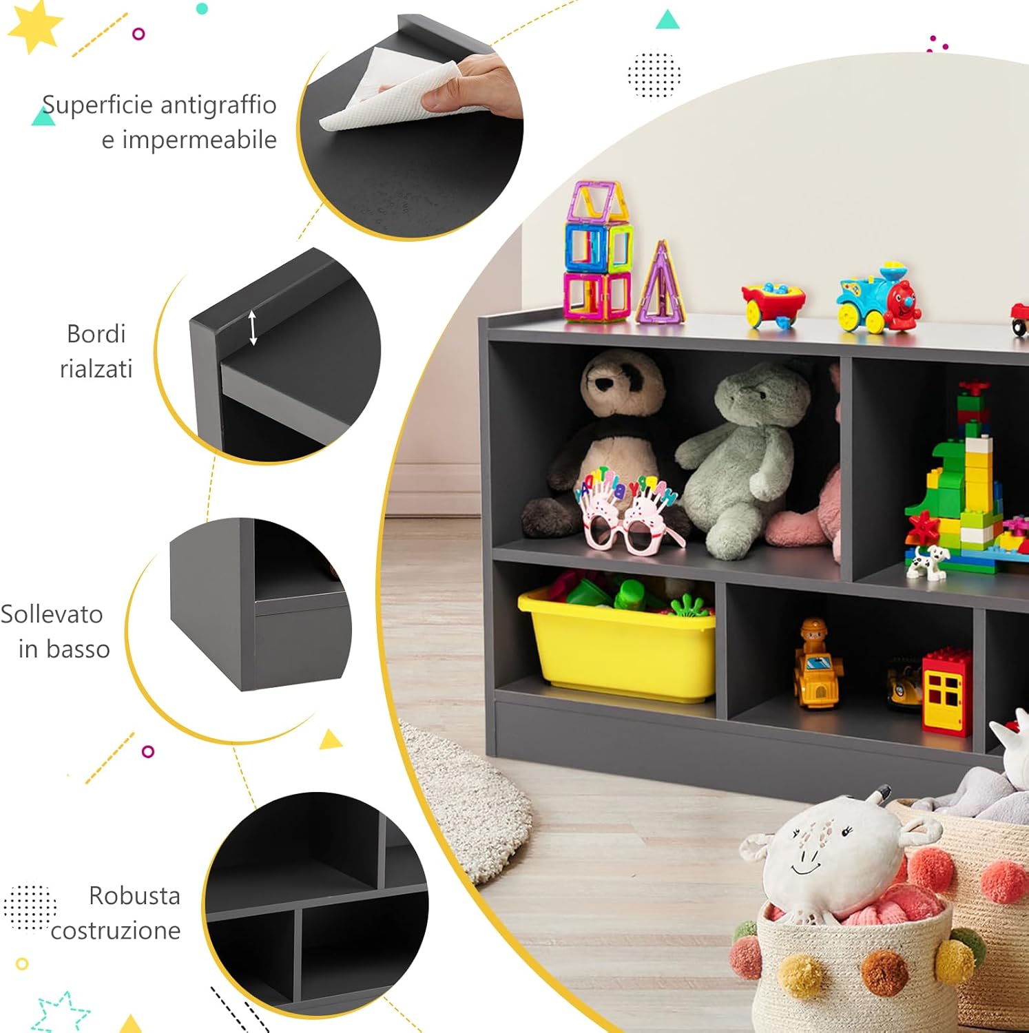 Libreria per Bambini e Organizer Giocattoli, Scaffale di Legno Con 5 Scompartimenti, Per Stanza dei Giochi Camera Dei Bambini Angolo di Lettura Classe Scuola Materna (Grigio)