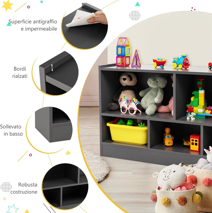 Libreria per Bambini e Organizer Giocattoli, Scaffale di Legno Con 5 Scompartimenti, Per Stanza dei Giochi Camera Dei Bambini Angolo di Lettura Classe Scuola Materna (Grigio)