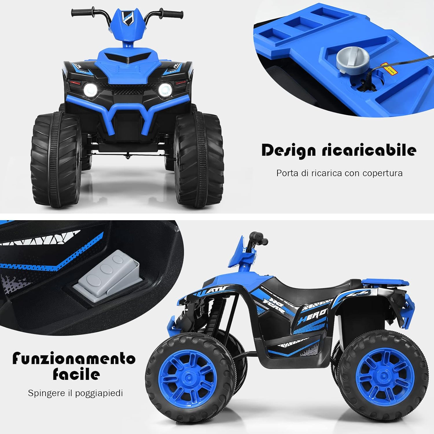 12 V Quad Elettrico per Bambini, Auto Elettrica Cavalcabile con Luci LED e Musica, Velocità Fino a 5km/h, per Bambini 3-7 Anni (Blu)