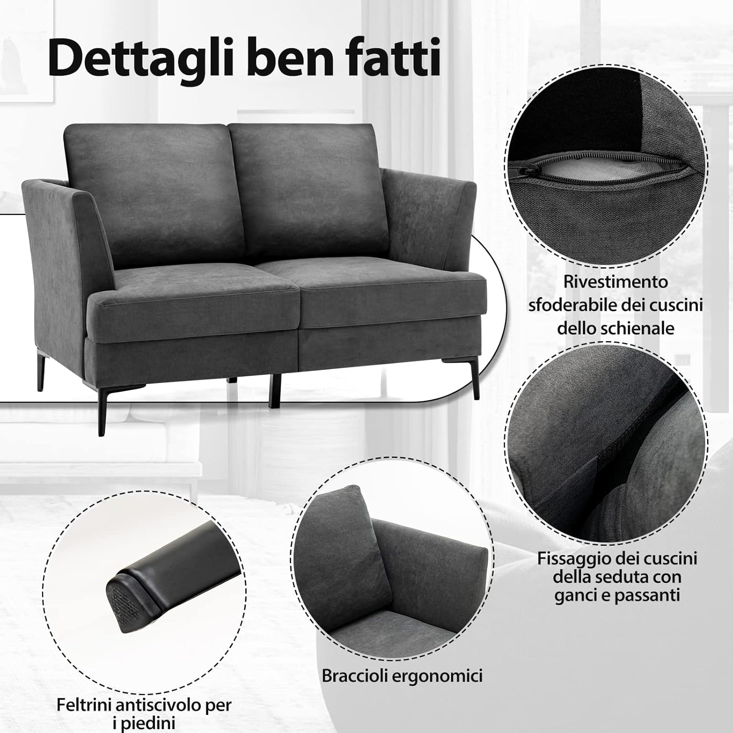Divano Imbottito a 2 Posti, Divano Moderno con Cuscini e Braccioli, Gambe in Acciaio, Sofa per Soggiorno Appartamento Ufficio, 141x80x72cm