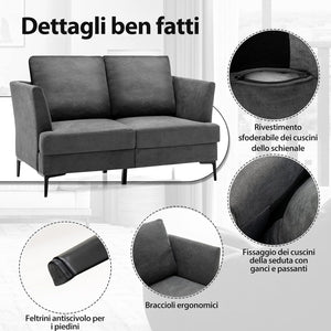 Divano Imbottito a 2 Posti, Divano Moderno con Cuscini e Braccioli, Gambe in Acciaio, Sofa per Soggiorno Appartamento Ufficio, 141x80x72cm