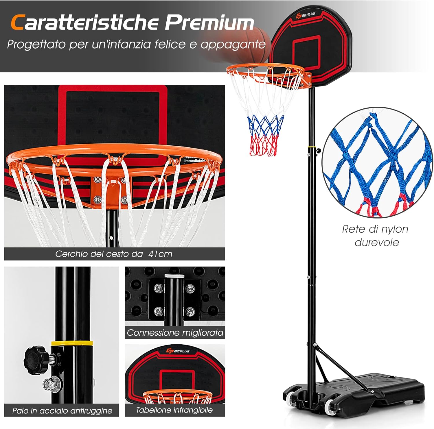 Canestro da Basket Bambini da Esterno, Canestro da Basket Regolabile in 5 Altezze e Portatile con Rete Durevole e Tabellone Infrangibile, 44,5 x 73,5 x 155-210 cm