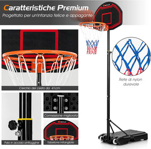 Canestro da Basket Bambini da Esterno, Canestro da Basket Regolabile in 5 Altezze e Portatile con Rete Durevole e Tabellone Infrangibile, 44,5 x 73,5 x 155-210 cm