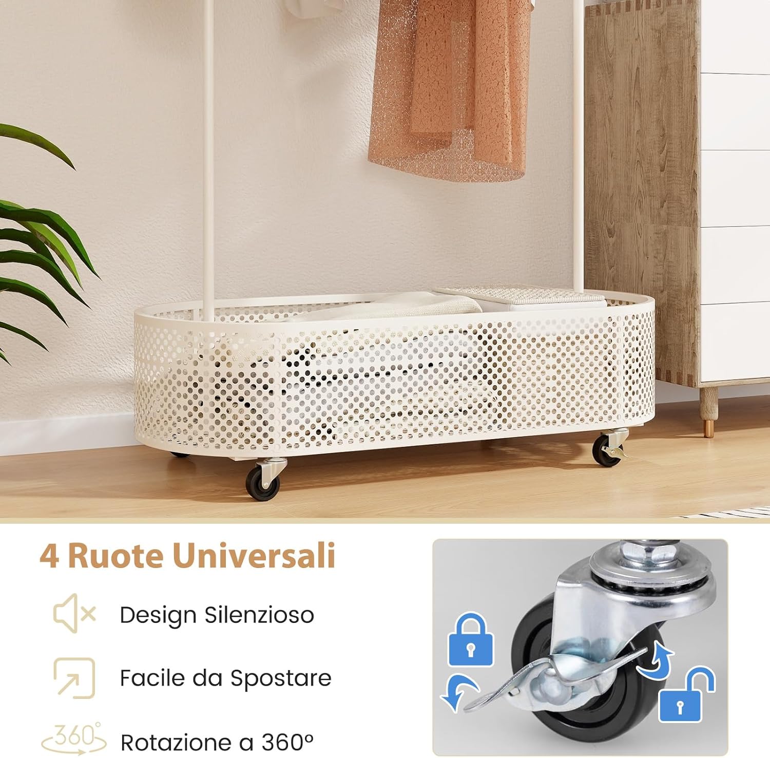 Appendiabiti per Bambini con 3 Altezze Regolabili, Supporto per Abiti con Ruote, con Asta e Cesto Portaoggetti in Ferro, per Stanza dei Bambini Soggiorno, 81x34x182 cm (Bianco)