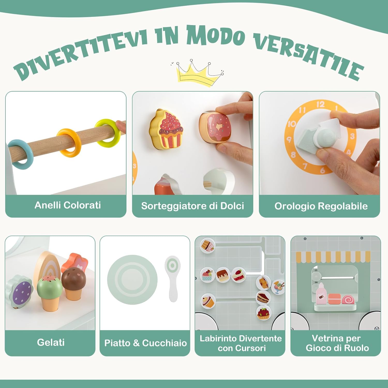 Girello 2 in 1 per Bambini, Carrello Primi Passi in Legno con Spazio di Archiviazione, Negozio di Dolci con Gelati, Cursori, Labirinto, Piatto e Cucchiaio, Centro Attività per 1+ Anni (Verde)