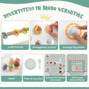 Girello 2 in 1 per Bambini, Carrello Primi Passi in Legno con Spazio di Archiviazione, Negozio di Dolci con Gelati, Cursori, Labirinto, Piatto e Cucchiaio, Centro Attività per 1+ Anni (Verde)
