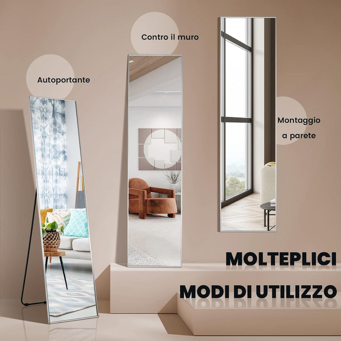 Specchio da Parete Lungo, Specchio da Terra Appendere con Cornice in Lega di Alluminio e Ganci, Per Camera da Letto e Soggiorno, 160 x 40 cm (Argento)