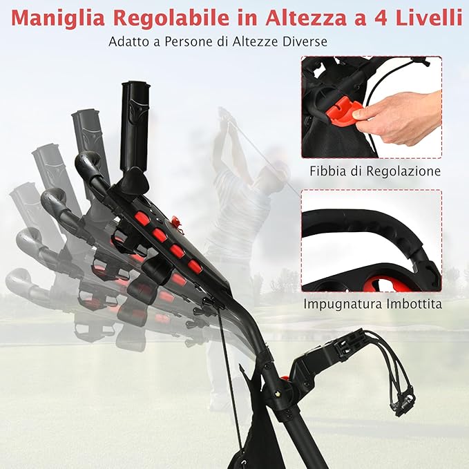 Carrello da Golf a Spinta e a Trazione, Carrello Golf Pieghevole Leggero a 4 Ruote con Borsa Impermeabile, Freno a Pedale, Porta Tazza e Porta Ombrello Regolabile