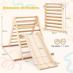 3 in 1 Arrampicata Giocattolo a Triangolo per Bambini, Set di Arrampicata con Rampa di Scivolo a 2 Lati e Inclinazione Regolabile, Arrampicatore per Bambini 1 Anno+ (Stile 2 Naturale)